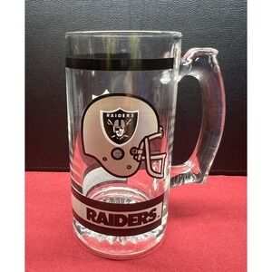 Vintage Heavy Glass Beer Mug  NFL Oakland~Los Angeles Raiders Football 12 oz.